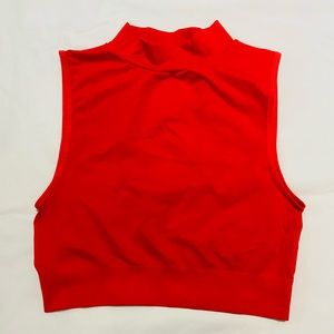 New red medium neck short top with round open back